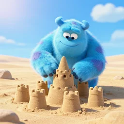 an ice cream monster playing in a sand pit, making a sand castle, on a hot sunny day, pixar, dreamworks, digital art, octane render