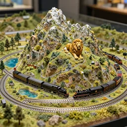 extremely elaborate lionel train set, elaborate miniature mountain terrain, miniature lakes, trees