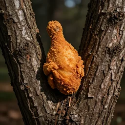 Fried chicken nailed to a tree, high definition photography, professional
