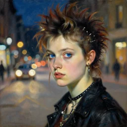 detailed portrait of a punk girl with blue eyes in the city street at night, bokeh, long exposure, painting by giovanni boldini christopher doyle