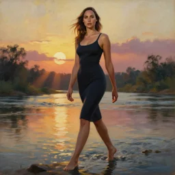 Photo the beautiful woman Gal Gadot, she is posing, she is walking on a river, she is getting ulluminated by the rays of the sunset, the photo was taking by Steve McCurry, matte painting, oil painting, naturalism, 4k, 8k