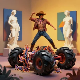 a cowboy turning into blooms by slim aarons, by zhang kechun, by lynda benglis. tropical sea slugs, brutalist angular sharp tractor tires. complementary colors. warm soft volumetric dramatic light. national geographic. 8 k, rendered in octane, smooth gradients. sculpture by antonio canova. picasso color blocking.