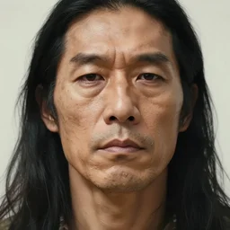 portrait close up of a man with a very square and large jaw, his face lines are harsh, he he is shaved but long black hair, he looks like a cave man bronze, soft lighting, rough lines, matte painting
