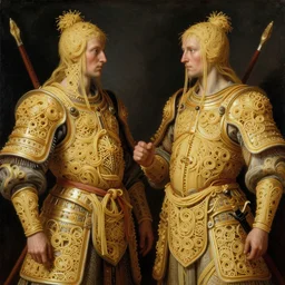 siamese twins made of spaghetti, intricate armor made of spaghetti fractals, ancient warrior, samurai style, by giuseppe arcimboldo and ambrosius benson, renaissance, intricate and intense oil paint, a touch of beksinski, realistic