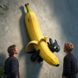 by chet zar and alexander jansson, visually stunning, cinematic, ultra realistic, hyper realism, 1 2 k, epic, octane render, unreal engine, vfx, maya, you can't stay human if you want to compete with the machine : a banana on a wall, toothless from how to train your dragon : shrouded memories