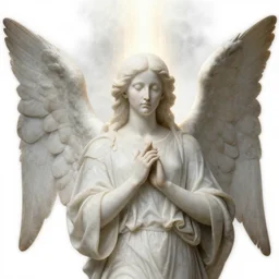 realistic medieval painting portrait of white angel with clean narrow face like noface, 3 / 4, miracle light coming up from the head up and up, misty space, grace and blessing, by andrei rublev, renaissance, christianity, marble stone, glow effect, white background