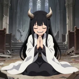 cute japanese girl with small horns, sharp and pointy vampire teeth, dressed in an old white coat, praying on the floor of a destroyed church, with her eyes and mouth closed and an evil smile, full body, beautiful artwork by Yoji Shinkawa