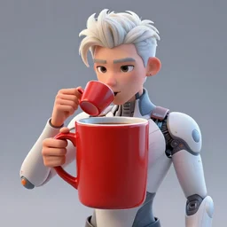 portrait of a ( ( ( large red ceramic mug of coffee ) ) ), ( ( dotado futuristic handsome young albino spanish ) ), drinking coffee, 3 d photorealistic, concept character, by filip hodas, trending on artstation