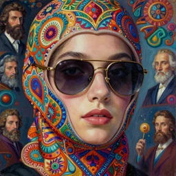 a close up of beautiful girl with wearing a balaclava and sunglasses surrounded by colourful intricate patterns, by edgar maxence and caravaggio and michael whelan, intricate painting, hyper realistic, extremely detailed and beautiful aesthetic face, 8 k resolution