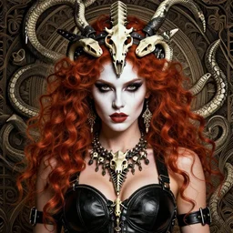 a single fierce looking beautiful young woman with curly red hair and symmetrical white makeup, bound in black leather, wearing intricate necklace and headdress made from snake bones and leather, hyperdetailed illustration by irakli nadar and alexandre ferra, intricate linework, in the style of a national geographic portrait, unreal engine 5 highly rendered, global illumination, radiant light, detailed and intricate environment