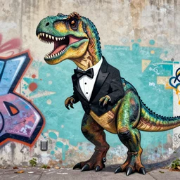 a t-rex wearing a tuxedo suit, graffiti on a wall