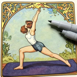 an art nouveau copic maker close up illustration of girl doing yoga at high speed by norman rockwell and john berkey