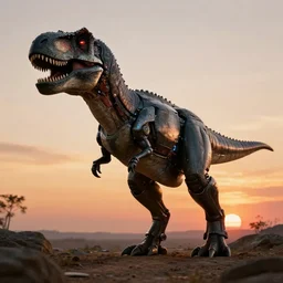 A Futuristic Robo-T-Rex, 4K, Photorealistic, Sunset