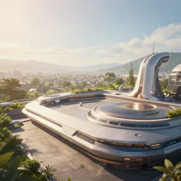 future rooftop, outdoors, beautiful scenery, looking down from high rooftop, elegant, cinematic lighting, sunshine. game cg, hyperdetailed, trending on cgsociety