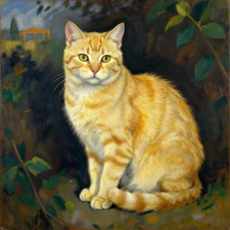 vintage beautiful painting of a yellow cat in Mary Cassatt style