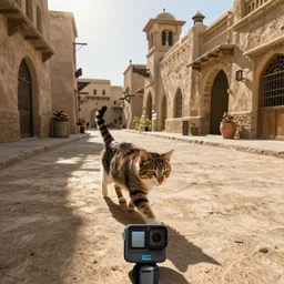 gopro pov of a cat walking in the street of tatooine.
