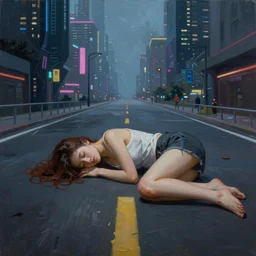 girl sleeping on a road in a cyberpunk city. by Daniel F. Gerhartz, hyperrealistic oil painting, 4k, studio lightning