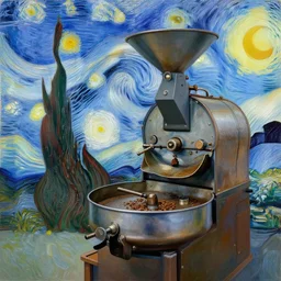 A highly detailed painting of a coffee roaster machine flying through by van Gogh