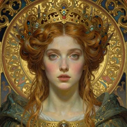 detailed realistic beautiful young medieval queen face portrait by jean delville, tom bagshaw, brooke shaden, gustave dore and marco mazzoni, art nouveau, symbolist, visionary, gothic, pre - raphaelite, ornate gilded medieval icon, surreality, ethereal, unearthly, haunting, celestial, neo - gothic, ghostly, memento mori, eerie