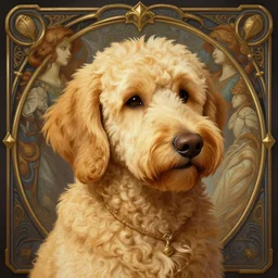 photograph of a golden doodle, deep focus, intricate, elegant, regal, highly detailed, digital painting, artstation, concept art, matte, sharp focus, illustration, d & d, fantasy, hearthstone, art by artgerm and greg rutkowski and alphonse mucha