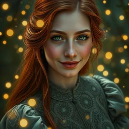 young woman, serene smile, surrounded by firefly lights, full covering intricate detailed dress, amidst nature, long red hair, precise linework, accurate green eyes, small nose with freckles, beautiful smooth oval shape face, empathic, expressive emotions, dramatic lights, hyper realistic ultrafine art by artemisia gentileschi, jessica rossier, boris vallejo