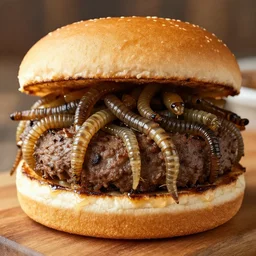 very delicious hamburger made of worms and grasshoppers