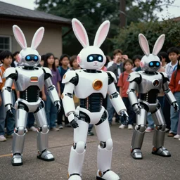 1990s candid photo of a middle school home coming dance with robot warrior rabbits , cinematic, UHD