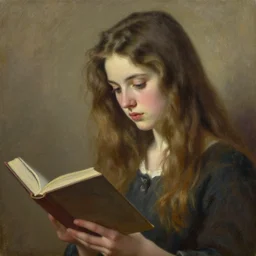 an oil painting of a girl reading a book, her hair flowing down. detailed face, greg rutkowski, edward robert hughes, tony sart