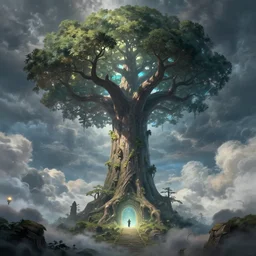 ancient portal to another world with yggdrasil, tall tree, fantasy art, warhammer fantasy setting, clouds detailed, digital art, wallpaper, fantastically beautiful, artstation, 8 k