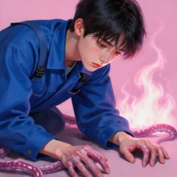 fashion model in a blue factory worker's overalls face looking down at the floor eyes sad tentacles instead of hands, the light pink glow of fire in the background, soft light, smooth face feature, intricate oil painting, high detail illustration, sharp high detail, manga and anime 1 9 9 9. figurative art, poster art