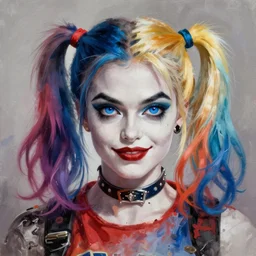ultra detailed half body portrait of harley quinn, blue eyes, sharp bone structure, extremely detailed digital painting, in the style of fenghua zhong and ruan jia and jeremy lipking and peter mohrbacher, mystical colors, rim light, beautiful lighting, 8 k, stunning scene, raytracing, octane, trending on artstation