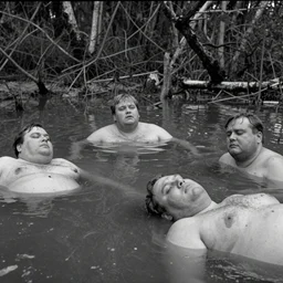 movie still by tarkovsky of obese heads floating in a muddy pond, swamp backround, cinestill 8 0 0 t 3 5 mm b & w, heavy grain, high quality, noir, natural textures, photorealistic, ambient occlusion, hd, ultra wide lens, anamorphic
