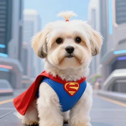cream colored havanese dog dressed as a super hero, tight shot, futuristic city, daytime, bright colors, highly coherent, saga comic, graphic novel, fiona staples