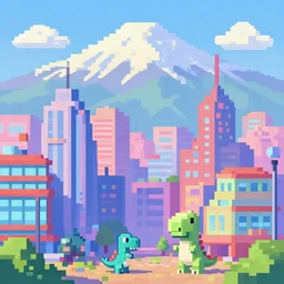 Pastel Voxel Art of Lofi downtown vibes, downtown buildings in the foreground in studio ghibli style, little dinosaur creatures in the foreground by Vincent Di Fate, the background is battle mountain