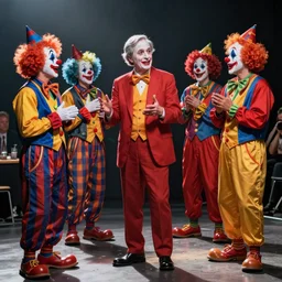 Jerome Powell with clown makeup whiteface, talking with other clowns, full body, photo realistic, highly-detailed