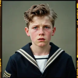 kodak portra 4 0 0, 8 k, highly detailed, britt marling style 3 / 4 photographic close, press award winning colour portrait of a scared by war sailor boy, up face with 1 9 2 0 s hairstyle, 1 9 2 0 s style, asymmetrical, hasselblad x 1 d - 5 0 c, 1 0 0 mm f 1. 8, soft light