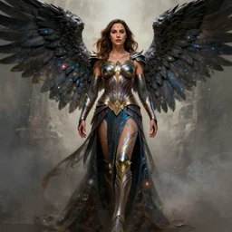 full body center frame digital art, fantasy outfit hero pose of gal gadot as the beautiful earth queen angel warrior in futuristic dark seraphim angelic intricate body sculpted cosmic armor and flowey ornate robes, intricately detailed vfx portrait, 8 k, hdr, soft painting. highly detailed, 8 k, hdr, digital art, octane render, neo classical appeal. award - winning, trending on artstation, ann stokes