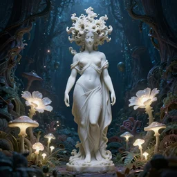 a fully clothed idealistic marble statue with fractal flowery hair in a fractal garden, glowing delicate flower and mushrooms that grow in a dark fatansy forest on the planet pandora,, symmetrical,
