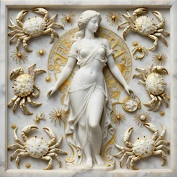 symmetry, intracate white marble bas relief sculpture of a white marble woman made of white marble crabs, white marble with gold wire inlay, thousands of crabs, thousands of spiders, thousands of tarantulas, highly detailed, intricately detailed, art nuevo, octane, 8 k, hdr, art by hr geiger and ridley scott and alphonse mucha, trending on artstation