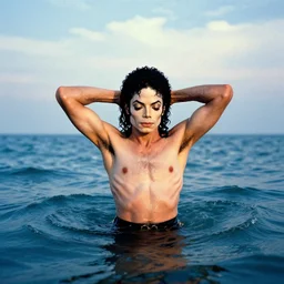 michael jackson emerges from the sea, his hands up behind his head, in the style of an athena print from the. ocean, sky. romantic. bare - chested. fantasy