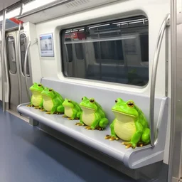A photograph of the inside of a subway train. There are frogs sitting on the seats. One of them is reading a newspaper. The window shows the river in the background