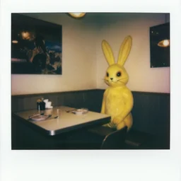 1980s polaroid of a restaurant with a creepy yellow animatronic rabbit in the corner, blurry, hazy