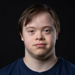portrait of down syndrome xqc, sharp focus, 4 k editorial photograph, soft lighting, black background