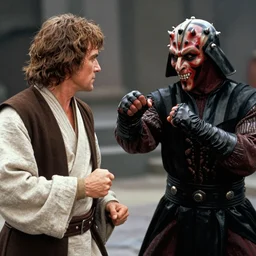 a film still of Alec guiness as obiwan kenobi dueling darth maul in star wars 1977. medium shot. light sabers