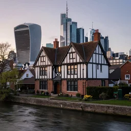 realistic photo of a tudor style detached house, skyscrapers on the background, a river flowing through the scene, dusk