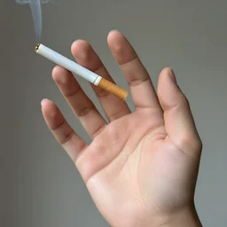 Close-up of thin soft hand, white cigarette with smoke, hand with five fingers, hyper realistic, high details, photo, super resolution