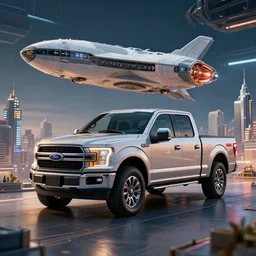 a render of a Ford F150 pickup, spacecraft, model,cityscape, futuristic, HD photography, cinematic lighting, movie shot,