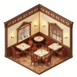 isometric indoor vintage restaurant victorian pictures on walls
