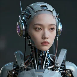 Beautiful Fine art photography portrait of a solarpunk half robot half human girl with real human face, highly detailed, photorealism, cinematic lighting 8k