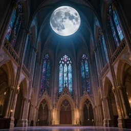 large gothic hall with large moon on the ceiling, horror movie, soft light, artstation, detailed, colorfull